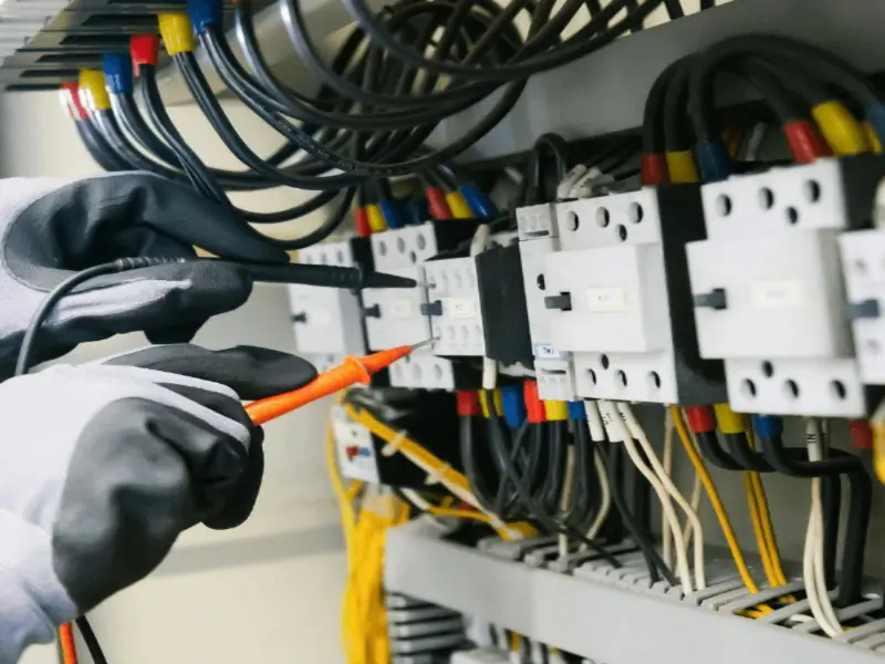 Gloved hands testing the terminals of an electrical panel with a probe