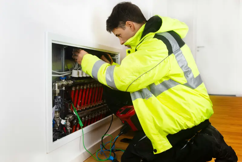 A technician in a high visibility jacket kneeling at an open wall cabinet, testing a heating manifold